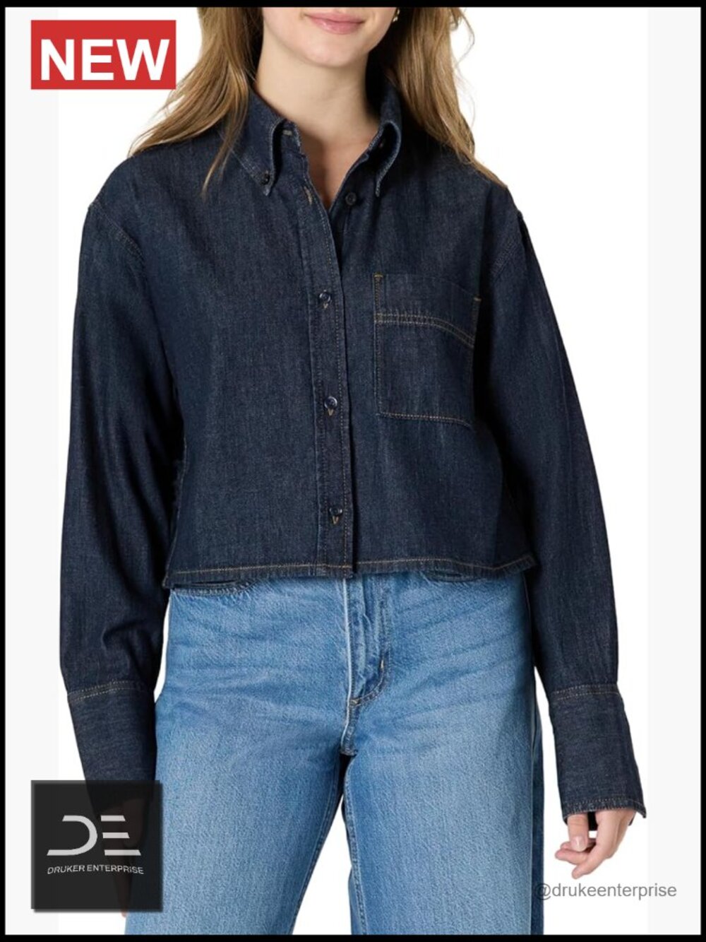 Modern Oversized-Fit Cropped Denim Button-Down Shirt
